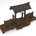 Traditional Wooden Post Station with Tile Roof and Wooden Fence on Raised Platform Structure