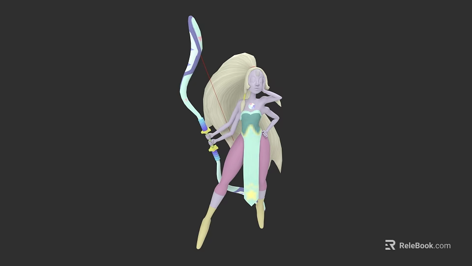 Elven Woman With Long Blonde Hair Holding Colorful Bow Wearing Blue Pink Dress 3d model 