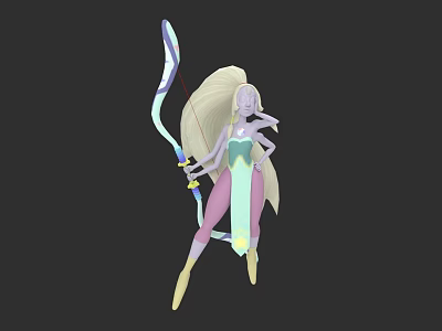Elven Woman With Long Blonde Hair Holding Colorful Bow Wearing Blue Pink Dress 3d model