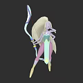 Elven Woman With Long Blonde Hair Holding Colorful Bow Wearing Blue Pink Dress