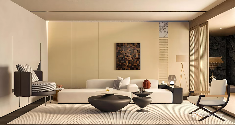 Modern Living Room With White Sofa Black Coffee Tables Abstract Artwork And Floor Lamp 3d model 