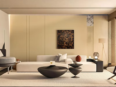 Modern Living Room With White Sofa Black Coffee Tables Abstract Artwork And Floor Lamp 3d model