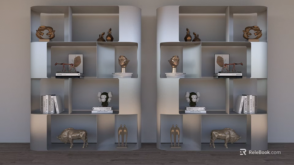 Modern Bookshelf Design With Multiple Decorative Shelves Displaying Sculptures And Books 3d model 
