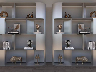 Modern Bookshelf Design With Multiple Decorative Shelves Displaying Sculptures And Books 3d model