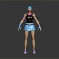 Sporty Woman In Black Tank Top Blue Skirt With Pink Sneakers And Blue Cap