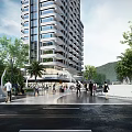 Modern Commercial Landscape With Tall Building Plaza Greenery Palm Trees Pathways And Pedestrians