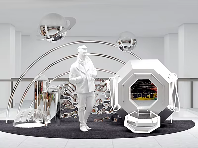 Futuristic Exhibition Space With Silver Spheres Arch Structure And Octagonal 3d model