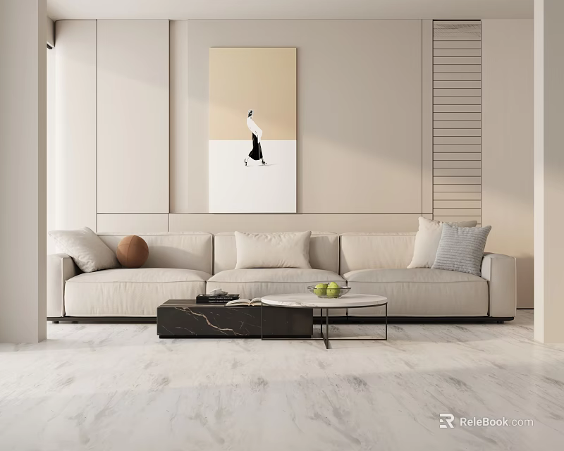 Modern Living Room With Beige Three Seater Sofa Cushions Coffee Table And Abstract Painting 3d model 