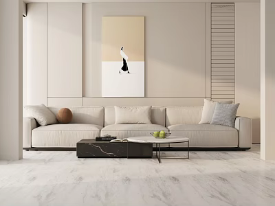 Modern Living Room With Beige Three Seater Sofa Cushions Coffee Table And Abstract Painting 3d model