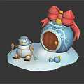 Festive Blue Decorative Building With White Patterns Brown Wooden Door Red Bow And Snowman Figure