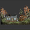 Miniature Natural Landscape With Log Cabin Orange Green Trees Wooden Bridge And Grass