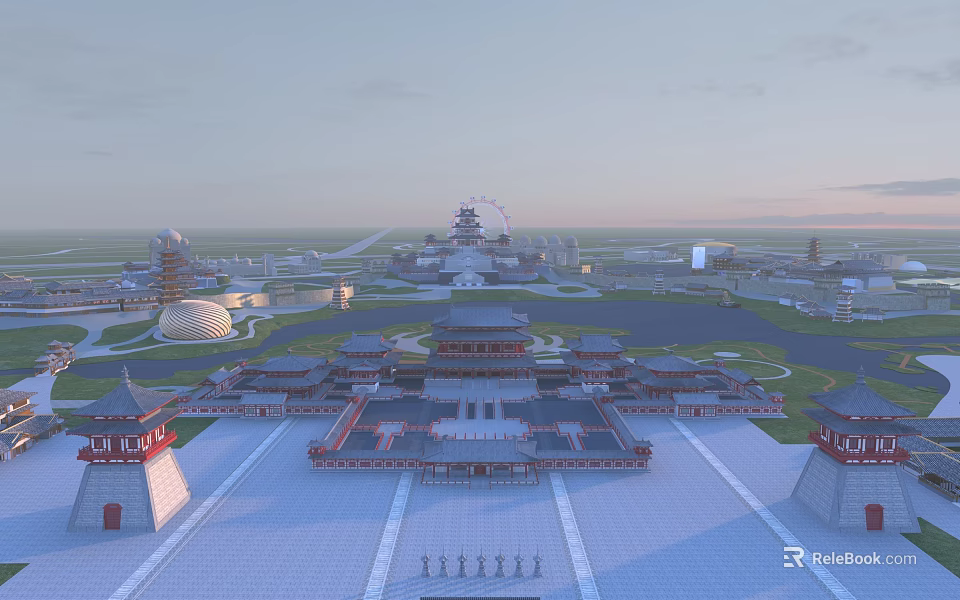 Ancient Architecture Grand Complex With Symmetric Layout Traditional Roofs And Open Plaza 3d model 