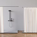 Modern Bathroom Shower Space With White Curtains And Black Fixture On Wooden Floor