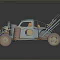 Unique Light Blue Vintage Car With Exposed Mechanical Parts And Large Wheels
