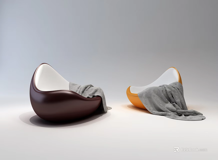 Modern Leisure Chairs in Brown and Orange with Gray Blankets for Comfortable Seating 3d model 