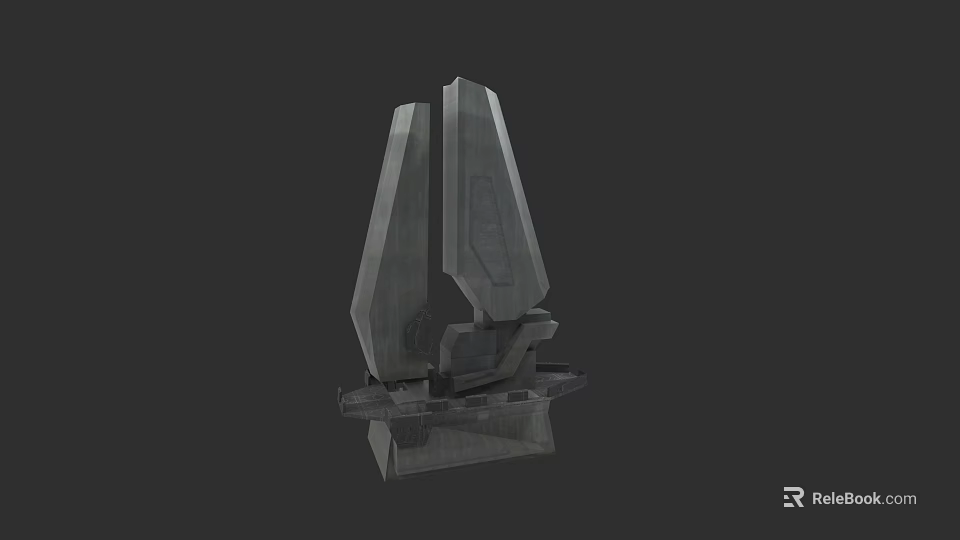 Futuristic Weapon 3D Model with Metallic Structure and Tall Angular Design on Dark Background 3d model 