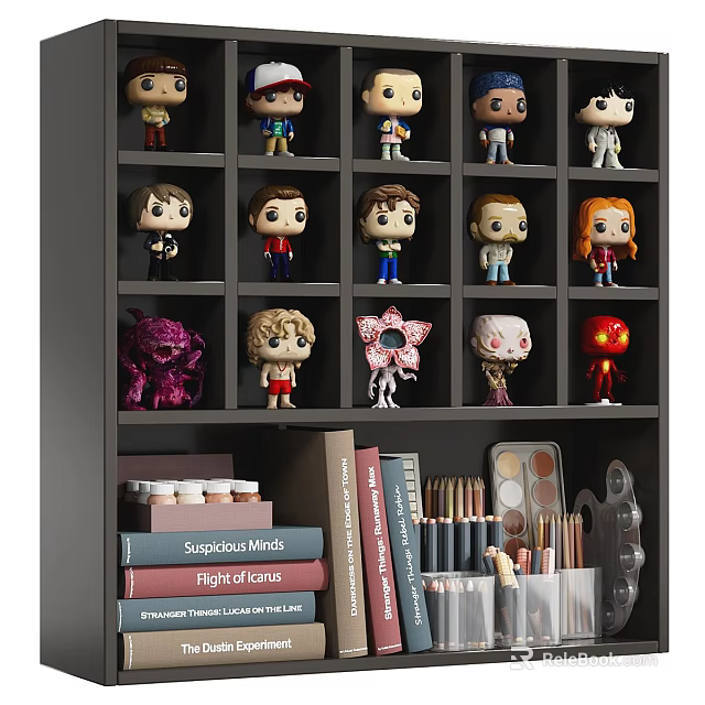 Collectible Dolls Display on Shelf with Books Pencils and Art Supplies 3d model 