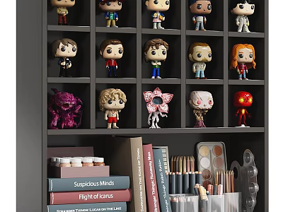 Collectible Dolls Display on Shelf with Books Pencils and Art Supplies 3d model