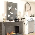 Black And Marble Fireplaces With Flames Mirror Statue And Bird Painting Decorations