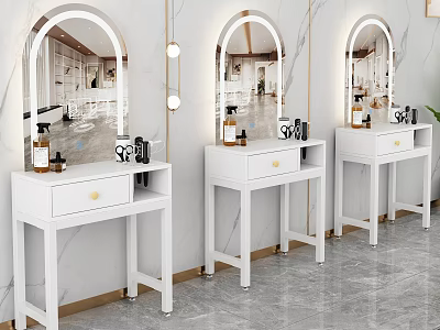 Modern White Vanity Tables with Arched Mirrors Pendant Lights and Bottles on Marble Wall Background 3d model