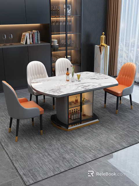 Modern Elegant Dining Table Set with Marble Top Orange Gray Chairs and Wine Storage Design 3d model 