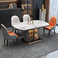 Modern Elegant Dining Table Set with Marble Top Orange Gray Chairs and Wine Storage Design