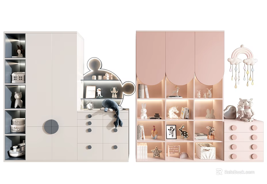 White And Pink Decorative Cabinets With Small Ornaments Drawers And Curved Design 3d model 