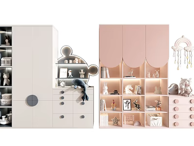 White And Pink Decorative Cabinets With Small Ornaments Drawers And Curved Design 3d model