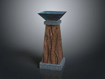 Ornamental Decorative Pillar With Wooden Texture And Square Top Gray Base 3d model