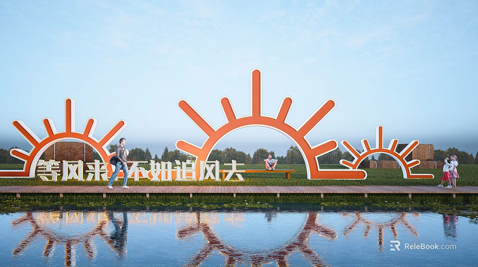 Vibrant Orange Sun Shaped Sculpture with Water Reflection in Outdoor Park Setting 3d model 