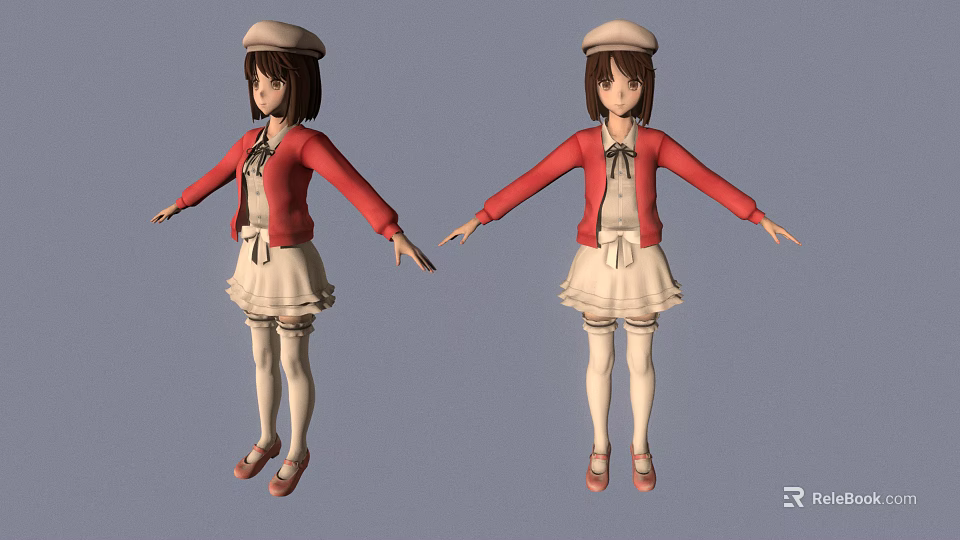 Two 3D Anime Characters in Red Jacket White Skirt and Hat with Arms Outstretched 3d model 