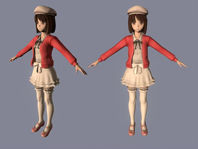 Two 3D Anime Characters in Red Jacket White Skirt and Hat with Arms Outstretched 3d model