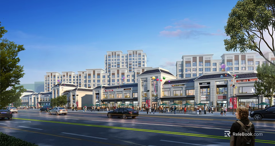 Modern Commercial Street With Shops Pedestrians Cars And High Rise Buildings 3d model 