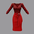 Elegant Red Dress With Black Polka Dot Top Long Sleeves And Waist Bow Brooch