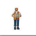 Game Movie Character Holding Cardboard Box In Orange Vest Cap Blue Pants Black Shoes