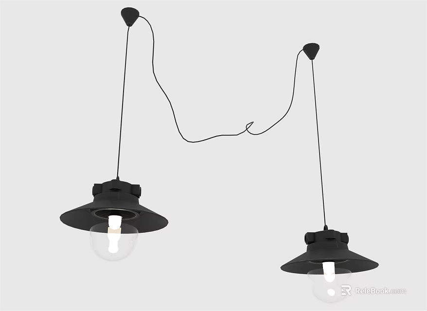 Two Black Modern Pendant Lights With Broad Brimmed Shades And Transparent Bulbs 3d model 