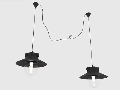 Two Black Modern Pendant Lights With Broad Brimmed Shades And Transparent Bulbs 3d model