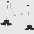 Two Black Modern Pendant Lights With Broad Brimmed Shades And Transparent Bulbs
