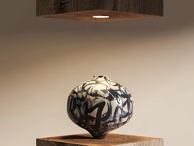 Blue and White Flower Vase With Black Abstract Patterns On Wooden Base Under Hanging Lighting 3d model