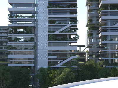 Modern Multi storey Office Building With Glass Curtain Walls And Balcony Greenery Design 3d model