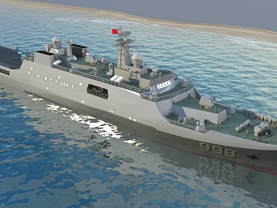 Modern Warship 998 with Red Flag Sailing on the Blue Sea 3d model