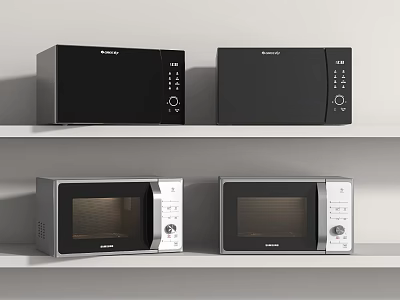 Sharp Brand Black And Silver Microwaves As Kitchen Appliances On Shelves 3d model