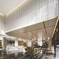 Elegant Modern Lounge Area Interior With Wooden Slat Ceiling Metal Partitions And Comfortable Seating