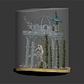 Cartoon Underwater Scene Transparent Cube Container With Dome Structure Columns Statue Plants On Wooden Base