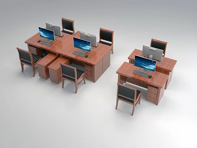 Wooden Office Desk And Chair Set With Computer Monitors And Keyboards 3d model