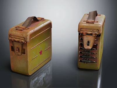 Vintage Metal Cases with Red Star and Lock Mechanism Old Rustic Design on Reflective Surface 3d model