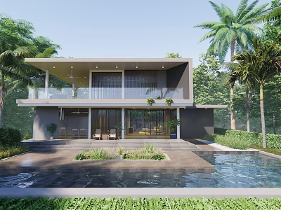 Modern Detached Villa With Swimming Pool Terrace And Floor to Ceiling Windows Surrounded by Trees 3d model