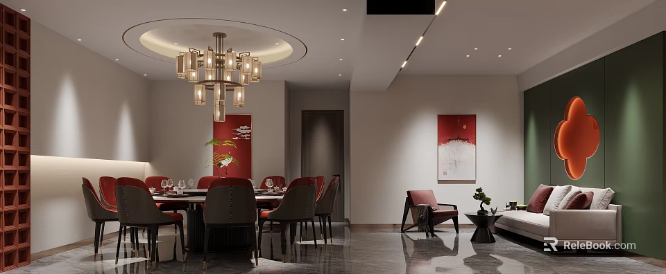 Elegant Modern Private Dining Room Interior With Chandelier Red Chairs And Dining Table 3d model