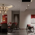 Elegant Modern Private Dining Room Interior With Chandelier Red Chairs And Dining Table 3d model