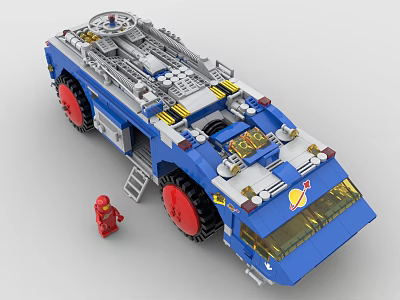 Blue Building Blocks Construction Vehicle with Red Wheels Ladder and Mini Figure 3d model